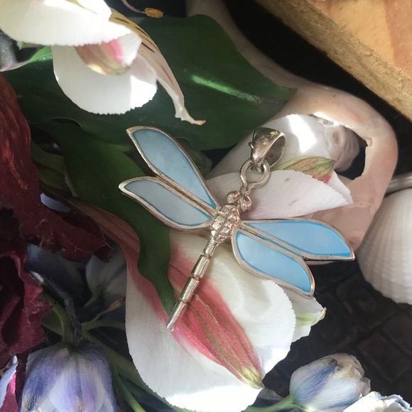 Vintage Jewelry - 🎯Sold🎯 Blue MOP and Sterling Dragonfly Pendant